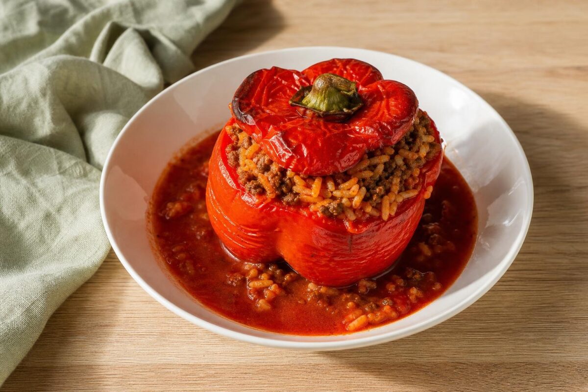 Fertiges Gericht aus einer alternativen Perspektive. Rezept: Gefüllte Paprika mit Reis und Rinderhack