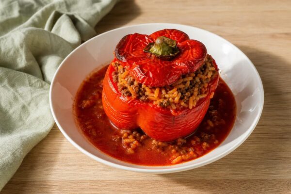 Fertiges Gericht aus einer alternativen Perspektive. Rezept: Gefüllte Paprika mit Reis und Rinderhack