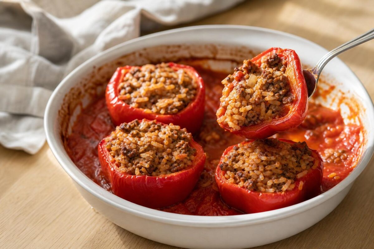 Servierszene mit dem fertigen Gericht. Rezept: Gefüllte Paprika mit Reis und Rinderhack