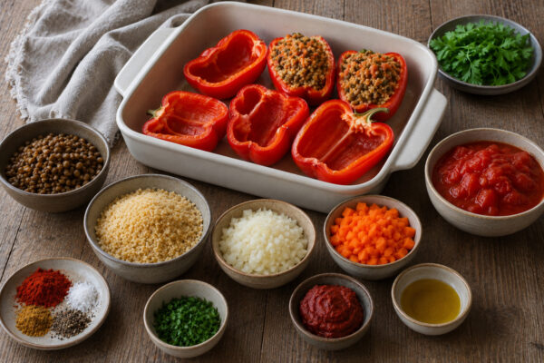 Zutaten- und Vorbereitungsansicht mit vorbereiteten roten Paprikahälften in derselben rechteckigen hellen Keramikform sowie Schalen mit Bulgur, gekochten braunen Linsen, fein gewürfelter Karotte, fein gewürfelter Zwiebel, stückigen Tomaten, Tomatenmark,…