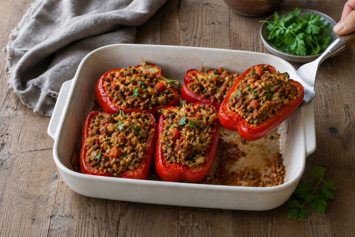 Serviersituation mit einer gefüllten Paprikahälfte, die mit neutralem Servierbesteck aus derselben rechteckigen hellen Keramikform angehoben wird; die Füllung aus Bulgur, Linsen und fein gewürfeltem Gemüse bleibt klar erkennbar.