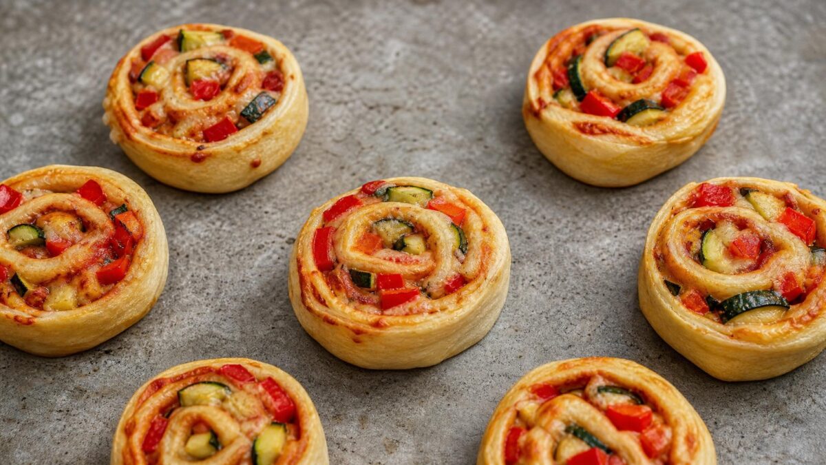 Hauptansicht des fertigen Gerichts. Rezept: Gefüllte Pizzaschnecken mit Gemüse