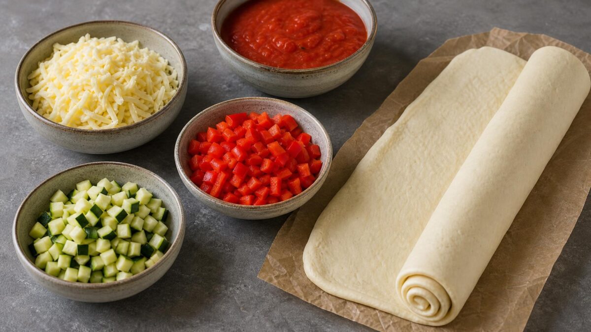 Zutaten- und Vorbereitungsansicht. Rezept: Gefüllte Pizzaschnecken mit Gemüse