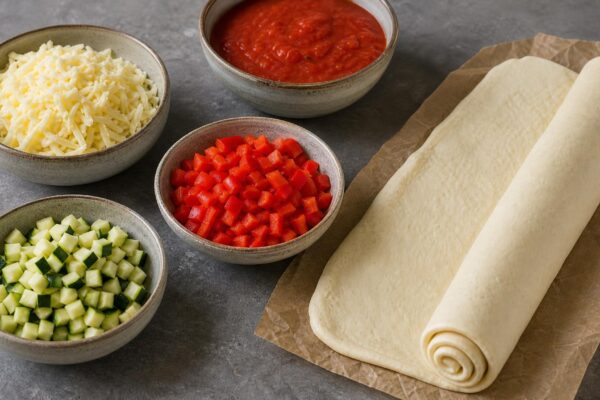 Zutaten- und Vorbereitungsansicht. Rezept: Gefüllte Pizzaschnecken mit Gemüse