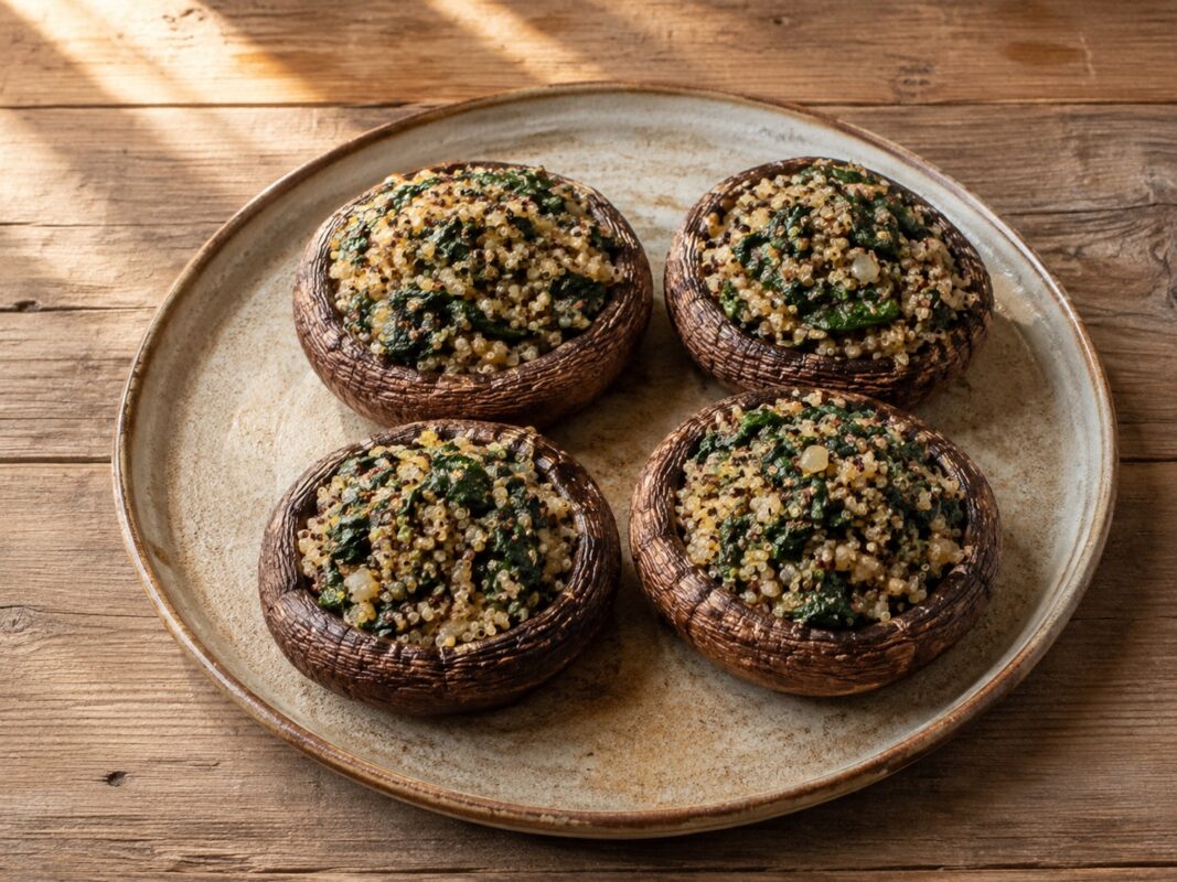 Vier große gefüllte Portobello-Pilze auf heller Platte, mit Quinoa und Spinat sichtbar gefüllt.