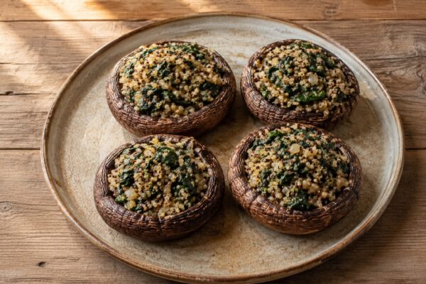 Vier große gefüllte Portobello-Pilze auf heller Platte, mit Quinoa und Spinat sichtbar gefüllt.