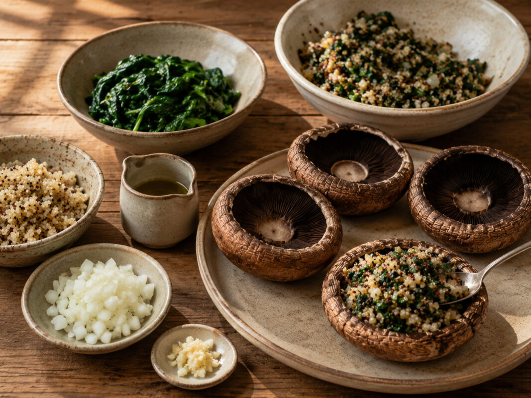 Zutaten- und Vorbereitungsansicht mit Portobello-Pilzen, Quinoa, Blattspinat, Zwiebel, Knoblauch und Olivenöl.