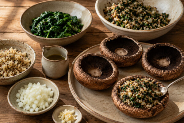 Zutaten- und Vorbereitungsansicht mit Portobello-Pilzen, Quinoa, Blattspinat, Zwiebel, Knoblauch und Olivenöl.