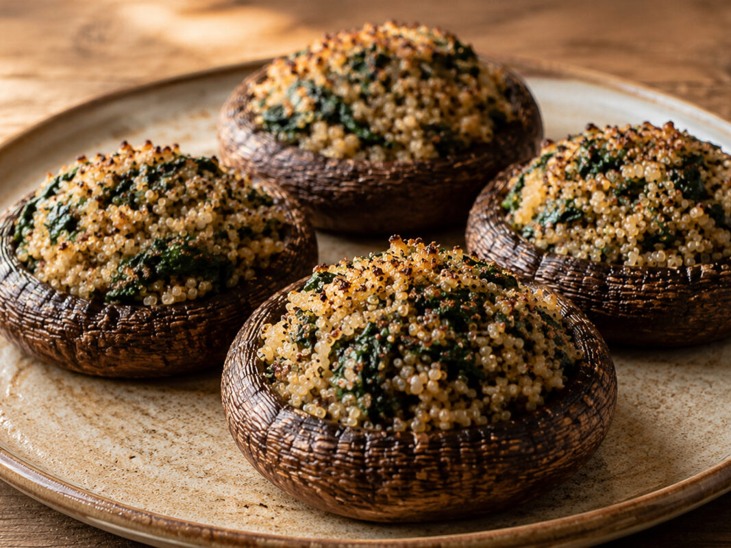 Vier fertig gebackene Portobello-Pilze mit Quinoa-Spinat-Füllung auf heller Platte.