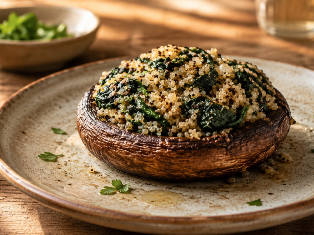 Nahe Servieransicht eines fertig gefüllten Portobello-Pilzes mit sichtbarer Quinoa-Spinat-Füllung.