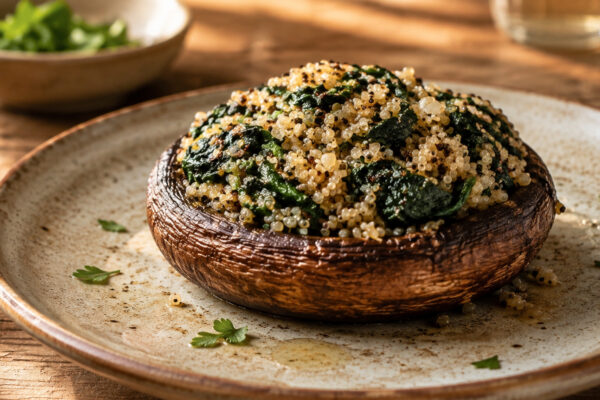 Nahe Servieransicht eines fertig gefüllten Portobello-Pilzes mit sichtbarer Quinoa-Spinat-Füllung.