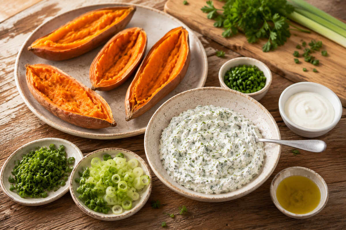 Zutaten- und Vorbereitungsansicht mit gegarten Süßkartoffelhälften, Kräuterquark, Schnittlauch, Petersilie, Frühlingszwiebeln, Joghurt und Olivenöl.
