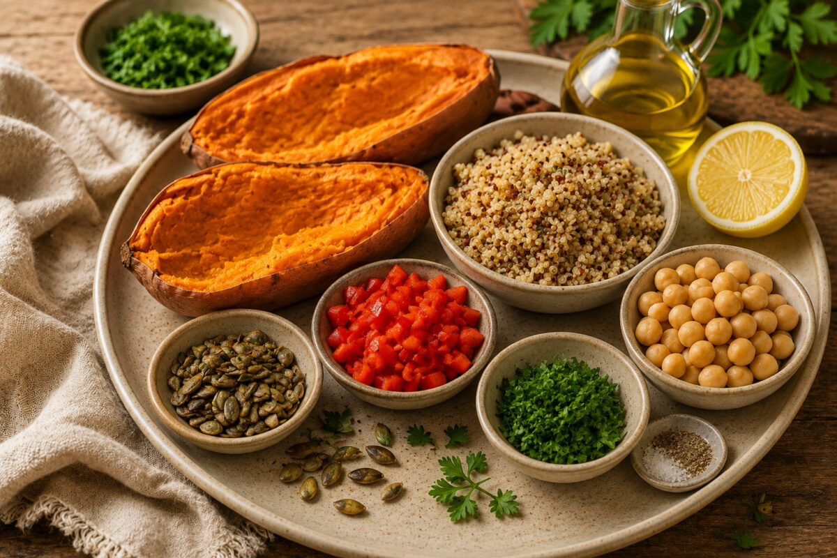 Zutaten- und Vorbereitungsansicht mit gebackenen und geöffneten Süßkartoffelhälften, Quinoa, Kichererbsen, fein gewürfelter roter Paprika, gehackter Petersilie, gerösteten Kernen, Zitrone, Olivenöl sowie Salz und Pfeffer auf derselben warmen rustikalen B…