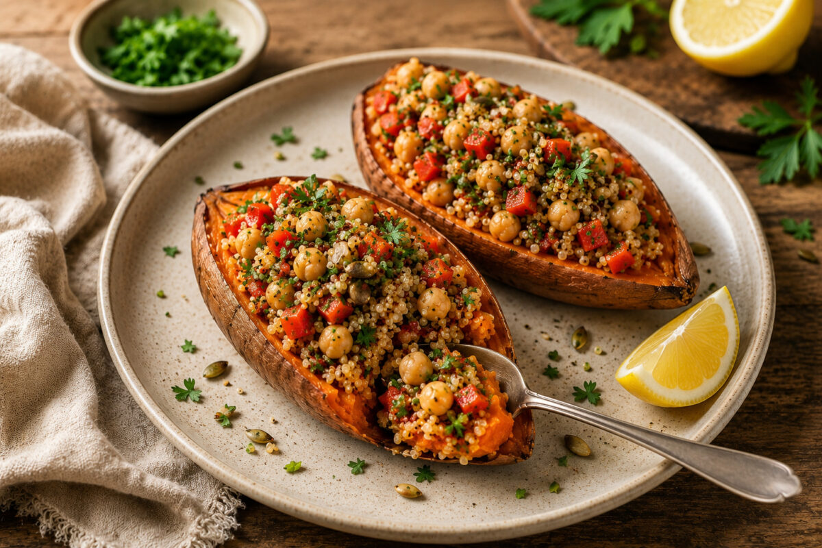 Serviersituation mit zwei fertig gefüllten Süßkartoffelhälften auf derselben hellen Keramikplatte; aus einer Hälfte wird mit neutralem Löffel eine Portion aus Süßkartoffel, Quinoa, Kichererbsen, roter Paprika und Kräutern entnommen.