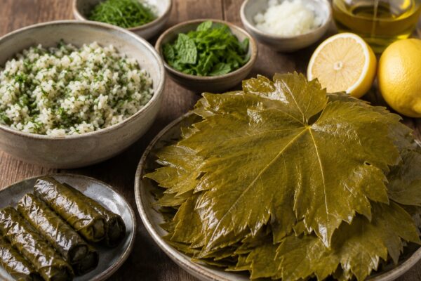 Zutaten- oder Vorbereitungsansicht mit Weinblättern, Kräuterreis und Zitrone.