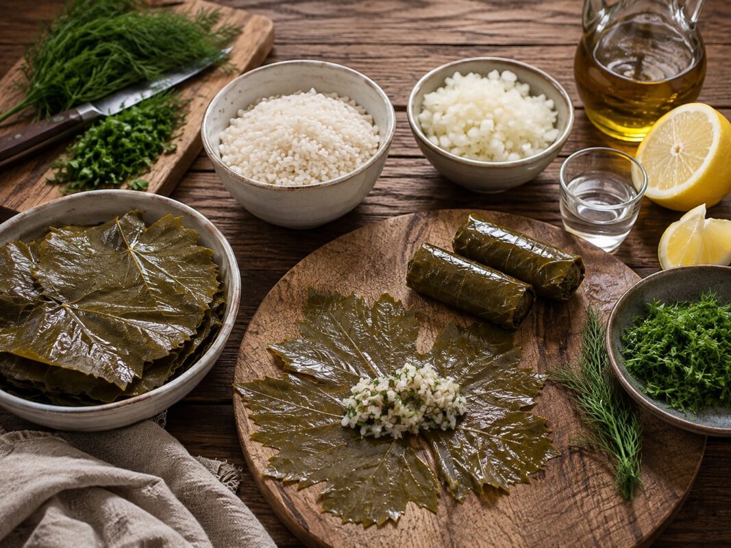 Zutaten- und Vorbereitungsansicht mit Weinblättern, Reis, Zwiebel, Dill, Petersilie, Olivenöl und Zitrone im rustikalen Setting.