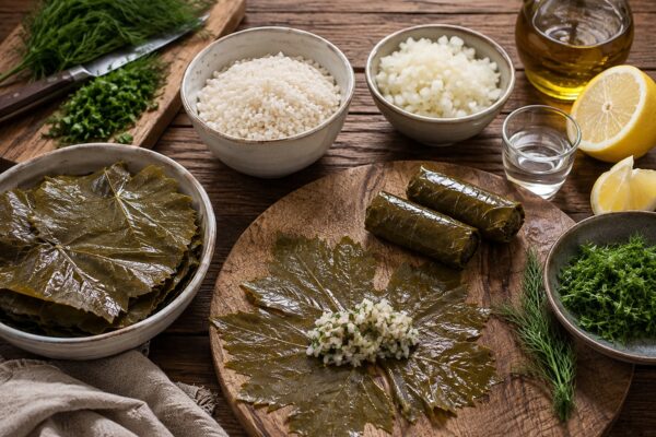 Zutaten- und Vorbereitungsansicht mit Weinblättern, Reis, Zwiebel, Dill, Petersilie, Olivenöl und Zitrone im rustikalen Setting.