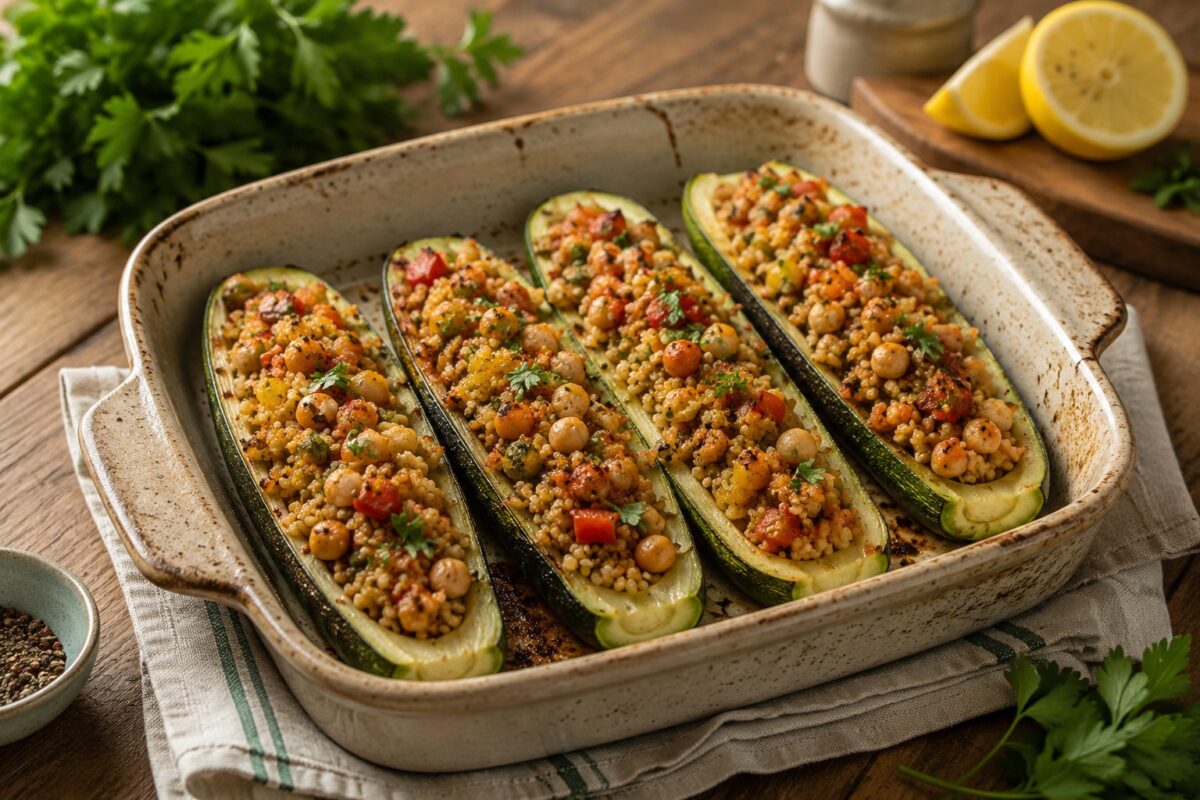 Vier längs halbierte Zucchini in einer rechteckigen hellen Auflaufform, gefüllt mit Bulgur, Kichererbsen, Paprika, Tomaten und Petersilie.