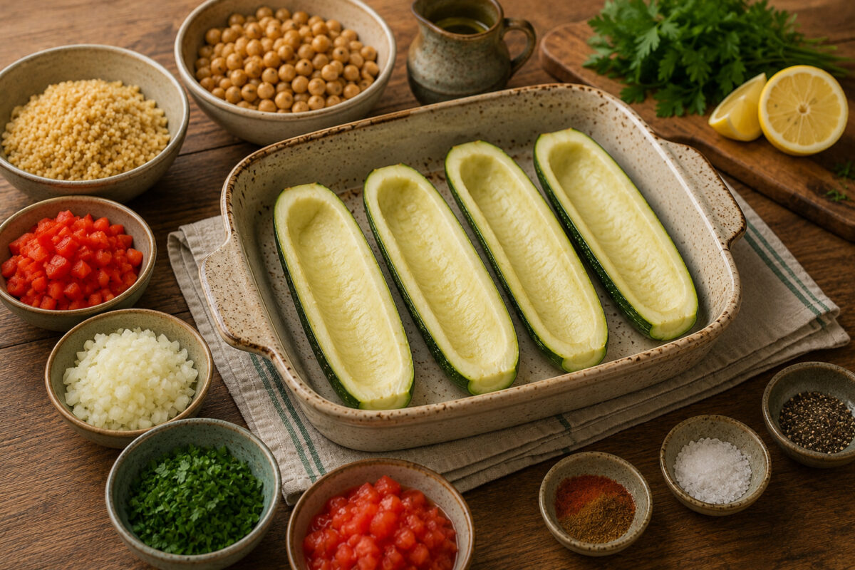 Zutaten- und Vorbereitungsansicht mit ausgehöhlten Zucchinihälften, Bulgur, Kichererbsen, gewürfelter roter Paprika, Tomaten, fein gewürfelter Zwiebel, gehackter Petersilie, Zitrone, Olivenöl und Gewürzen in neutralen Schalen auf rustikalem Holztisch.