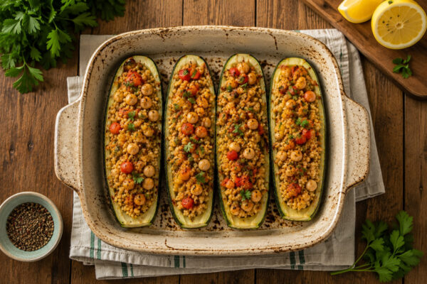 Draufsicht auf vier gefüllte Zucchinihälften in derselben rechteckigen hellen gesprenkelten Keramik-Auflaufform; Bulgur, Kichererbsen, Paprika, Tomaten und Petersilie bleiben vollständig sichtbar.