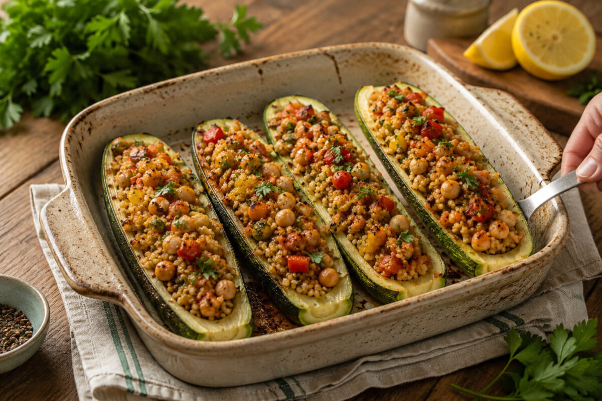 Serviersituation mit einer gefüllten Zucchinihälfte, die mit neutralem Servierbesteck aus derselben rechteckigen hellen gesprenkelten Keramik-Auflaufform angehoben wird; die Füllung aus Bulgur, Kichererbsen, Paprika, Tomaten und Kräutern bleibt klar erke…