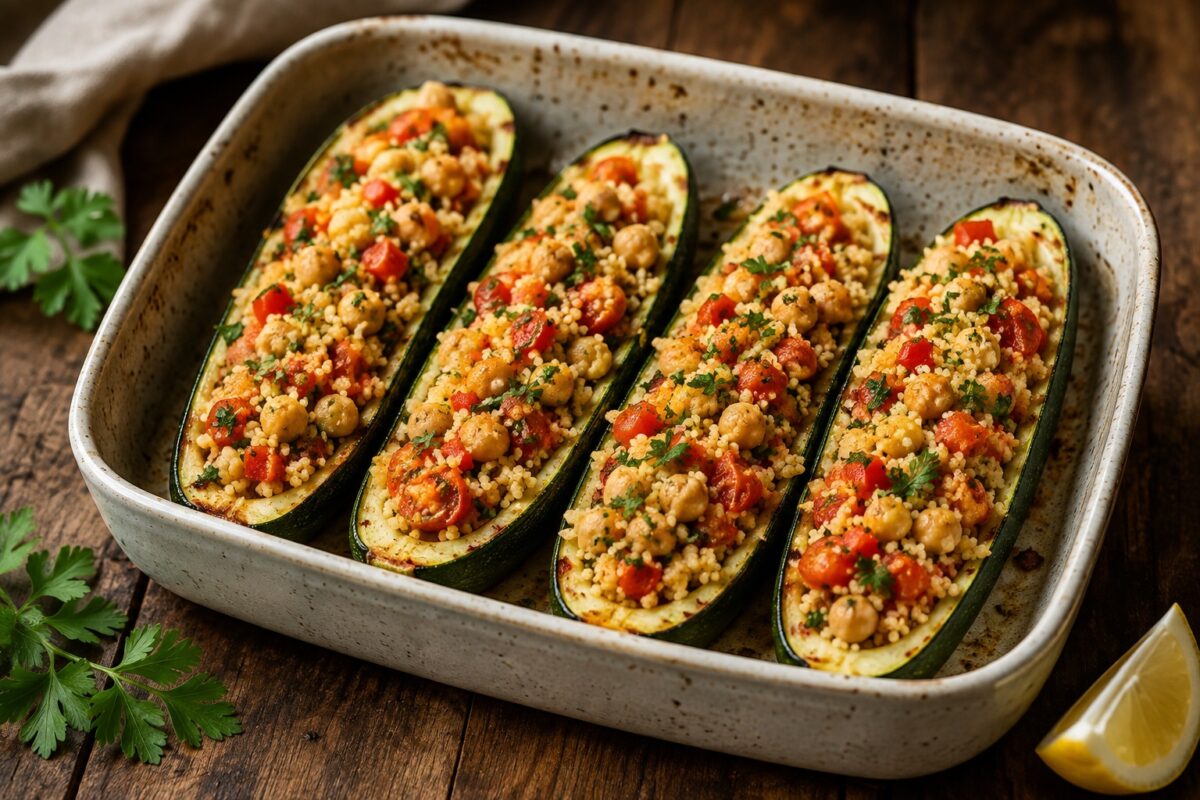 Vier längs halbierte Zucchini in einer rechteckigen hellen Keramikform, gefüllt mit Couscous, Kichererbsen, Paprika, Tomaten und Petersilie.
