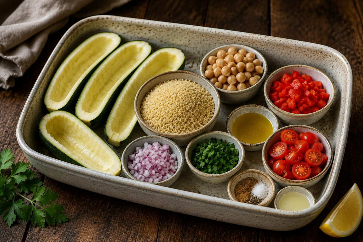 Zutaten- und Vorbereitungsansicht mit ausgehöhlten Zucchinihälften, Couscous, Kichererbsen, fein gewürfelter roter Paprika, halbierten Kirschtomaten, fein gewürfelter Zwiebel, gehackter Petersilie, Olivenöl, Zitronensaft sowie Salz, Pfeffer und Kreuzkümm…