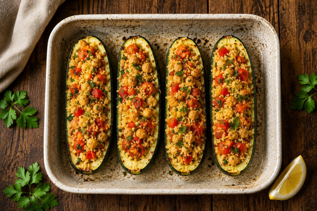 Draufsicht auf vier gefüllte Zucchinihälften in derselben rechteckigen hellen gesprenkelten Keramikform; die Füllung aus Couscous, Kichererbsen, Paprika, Tomaten und Petersilie bleibt vollständig sichtbar.