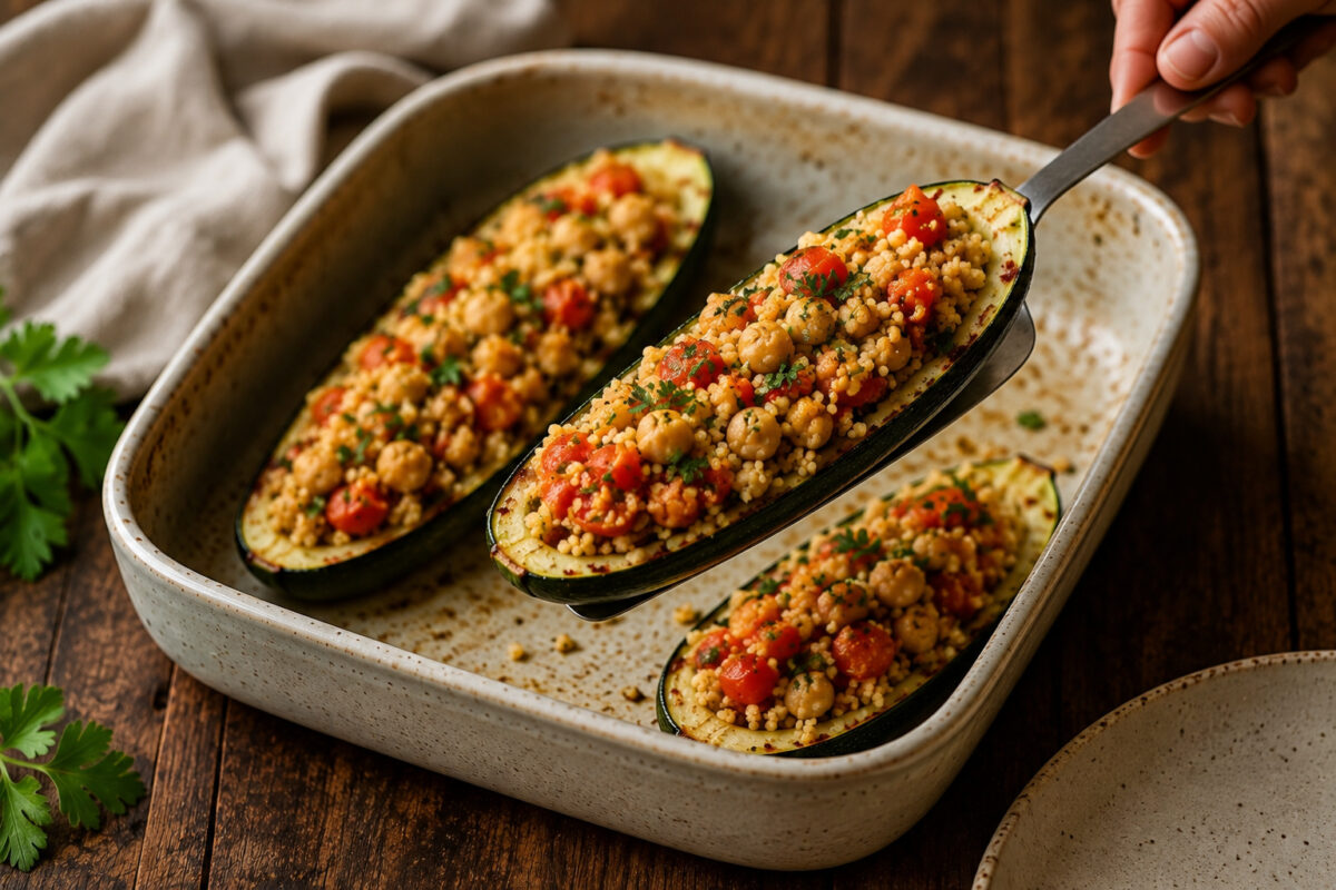 Serviersituation mit einer gefüllten Zucchinihälfte, die mit neutralem Servierbesteck aus derselben rechteckigen hellen gesprenkelten Keramikform angehoben wird; die Füllung aus Couscous, Kichererbsen, Paprika, Tomaten und Petersilie bleibt klar erkennba…