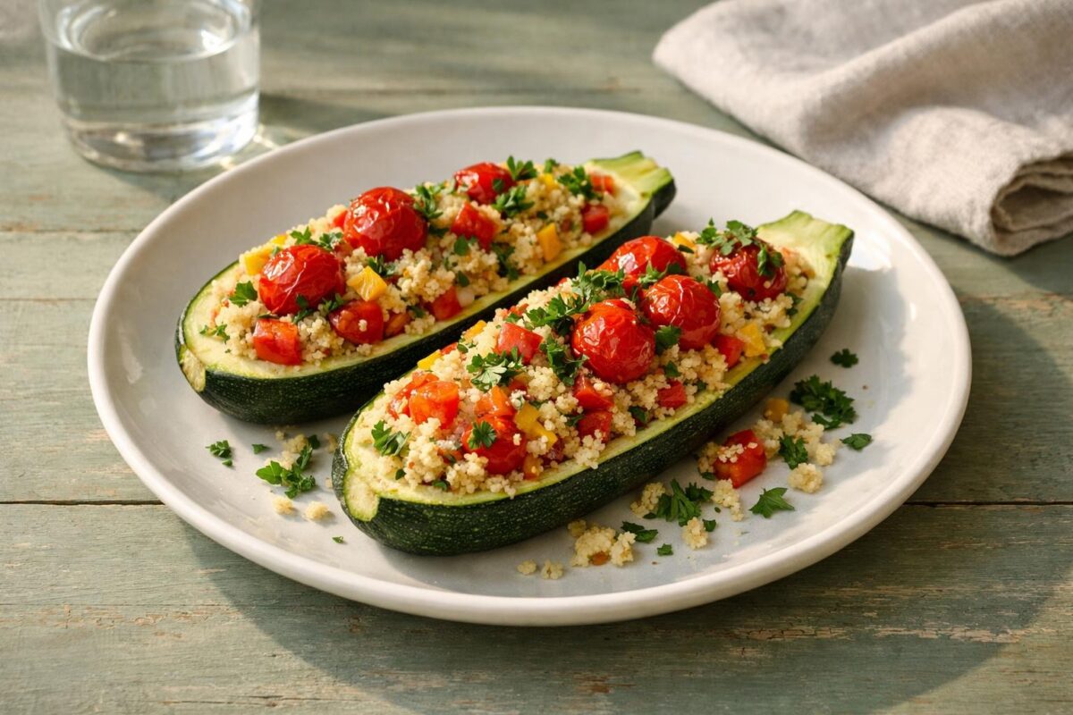 Hauptansicht des fertigen Gerichts. Rezept: Gefüllte Zucchini mit Couscous und Gemüse