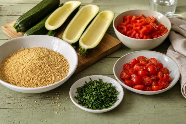 Zutaten- und Vorbereitungsansicht. Rezept: Gefüllte Zucchini mit Couscous und Gemüse