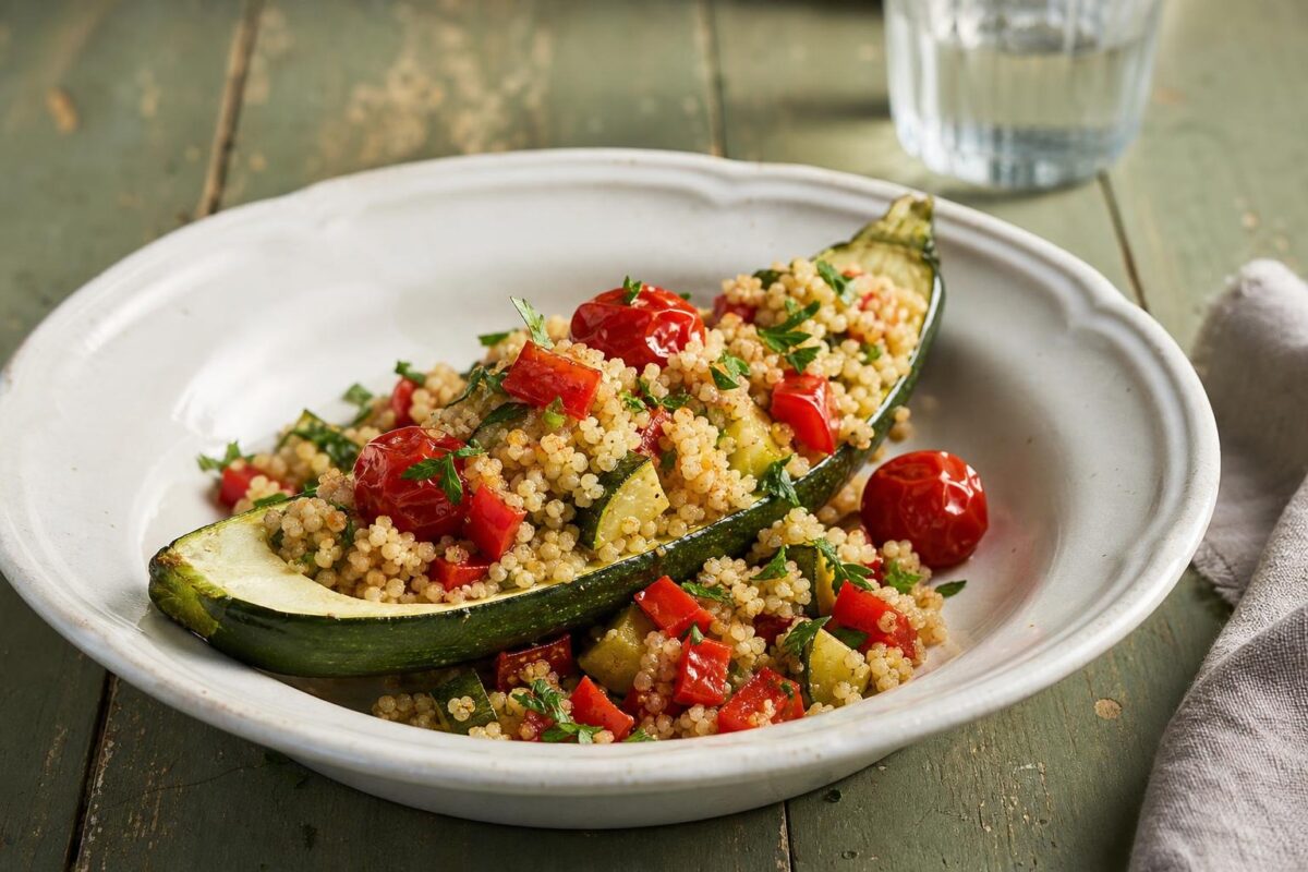 Fertiges Gericht aus einer alternativen Perspektive. Rezept: Gefüllte Zucchini mit Couscous und Gemüse