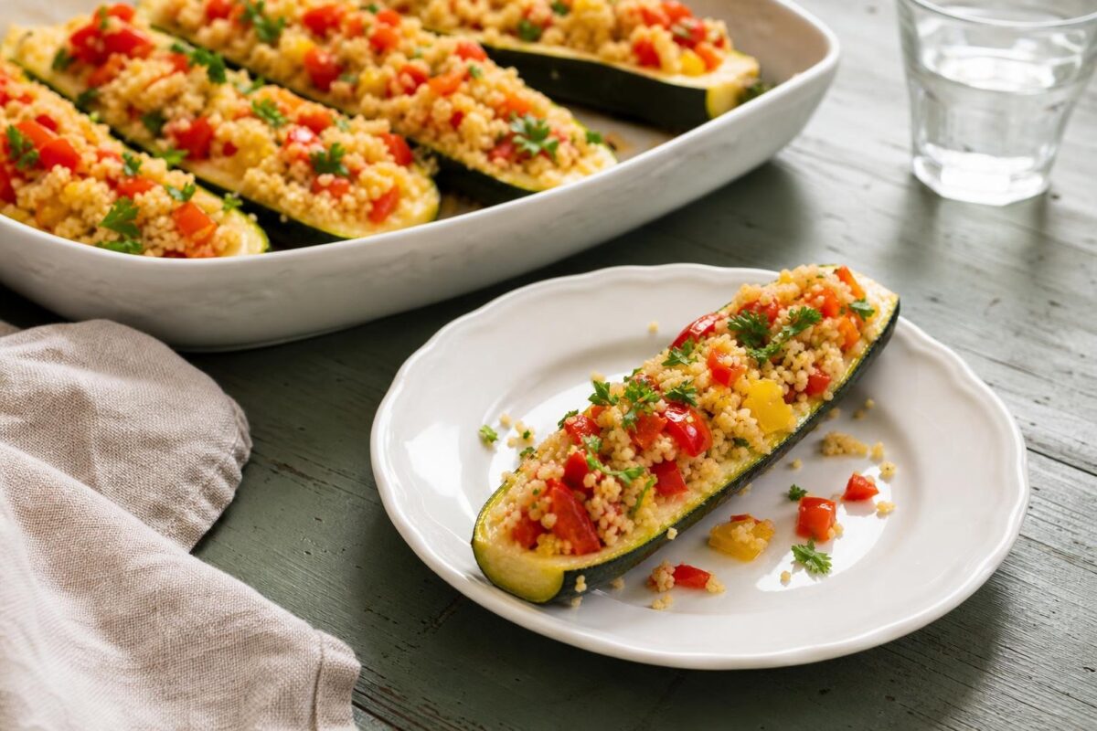 Servierszene mit dem fertigen Gericht. Rezept: Gefüllte Zucchini mit Couscous und Gemüse