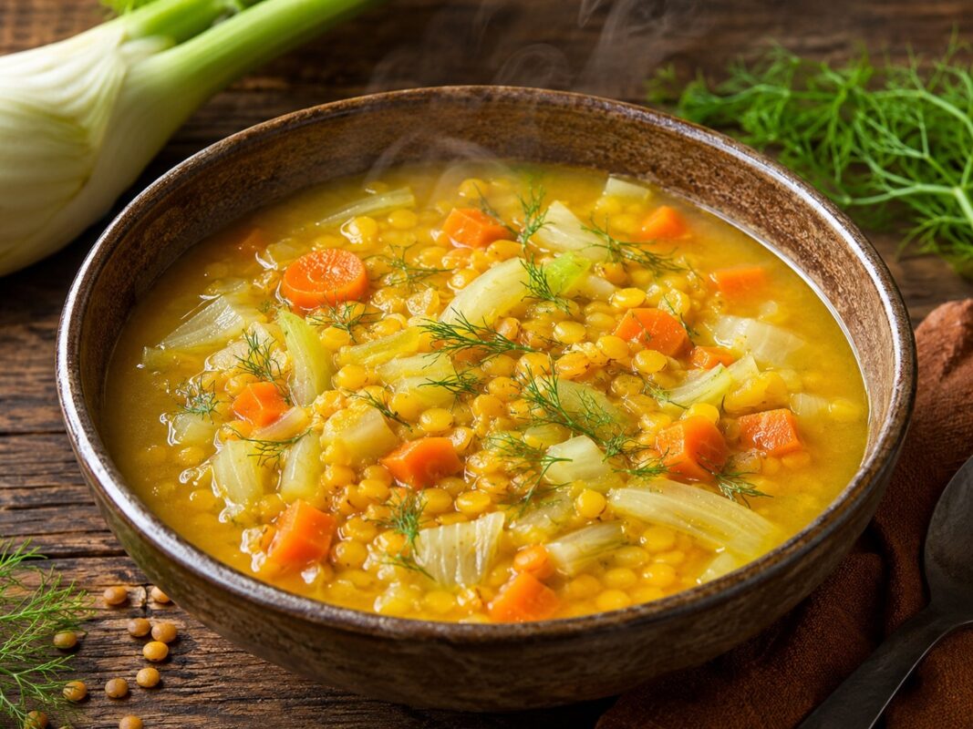 Cremige gelbe Linsensuppe mit feinen Fenchelstücken und Karottenwürfeln.