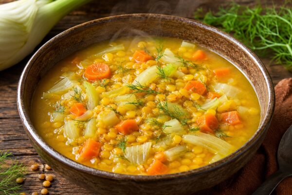 Cremige gelbe Linsensuppe mit feinen Fenchelstücken und Karottenwürfeln.
