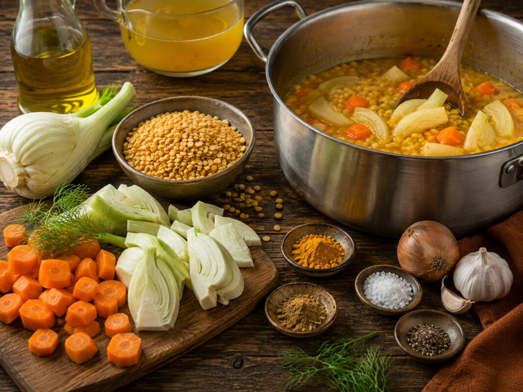 Zutaten- und Vorbereitungsansicht mit gelben Linsen, Fenchel, Karotten, Zwiebel, Knoblauch, Gemüsebrühe, Olivenöl sowie Kreuzkümmel und Kurkuma.