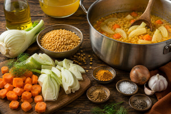 Zutaten- und Vorbereitungsansicht mit gelben Linsen, Fenchel, Karotten, Zwiebel, Knoblauch, Gemüsebrühe, Olivenöl sowie Kreuzkümmel und Kurkuma.