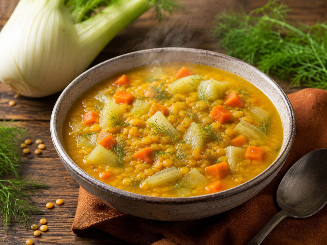 Fertige gelbe Linsensuppe aus anderer Perspektive: cremige Suppe mit feinen Fenchelstücken, Karottenwürfeln und frischen Kräutern.