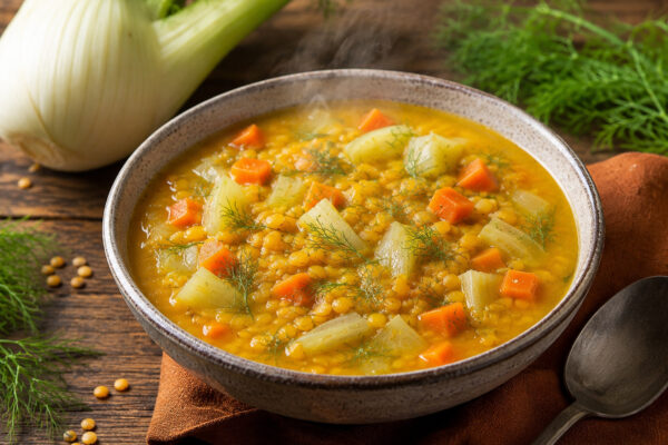 Fertige gelbe Linsensuppe aus anderer Perspektive: cremige Suppe mit feinen Fenchelstücken, Karottenwürfeln und frischen Kräutern.