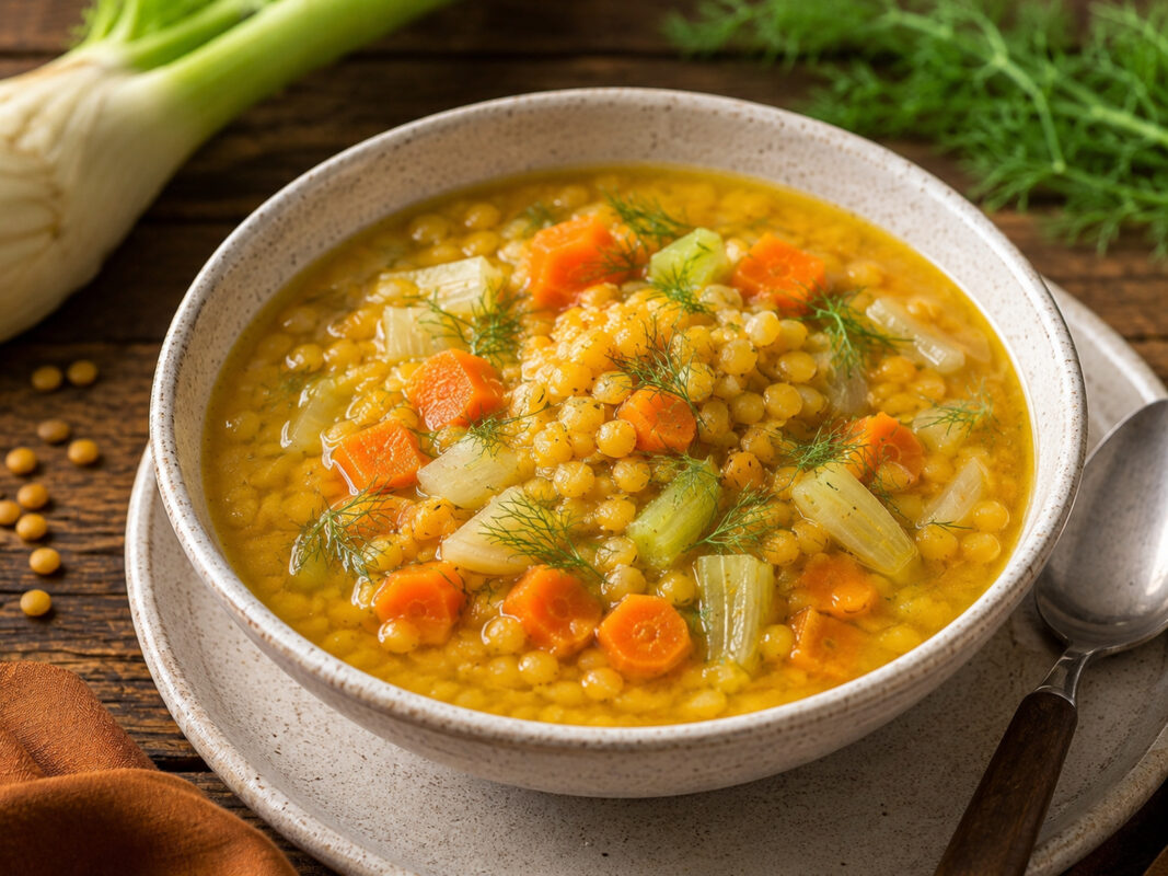 Alternative Servier- und Detailansicht der gelben Linsensuppe mit Fenchel und Karotte, mit Fokus auf Textur, Gemüse und Kräutergarnitur.