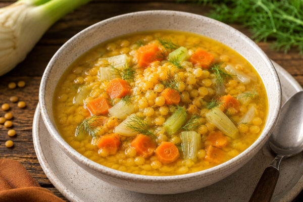 Alternative Servier- und Detailansicht der gelben Linsensuppe mit Fenchel und Karotte, mit Fokus auf Textur, Gemüse und Kräutergarnitur.
