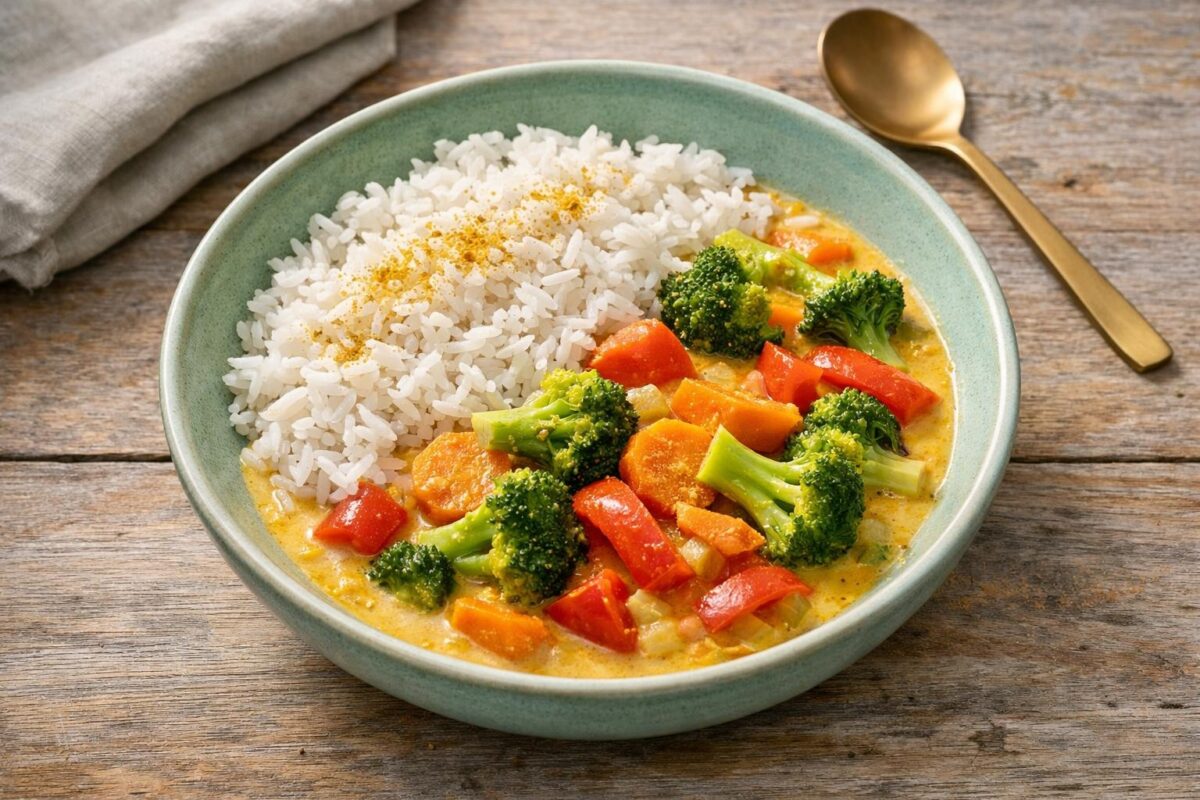 Hauptansicht des fertigen Gerichts. Rezept: Gemüse-Curry mit Kokosmilch und Basmatireis