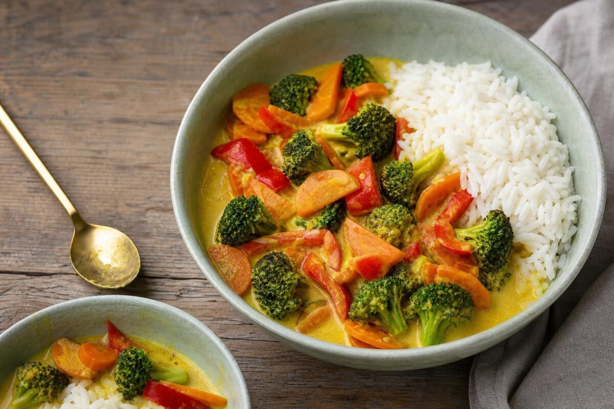 Servierszene mit dem fertigen Gericht. Rezept: Gemüse-Curry mit Kokosmilch und Basmatireis