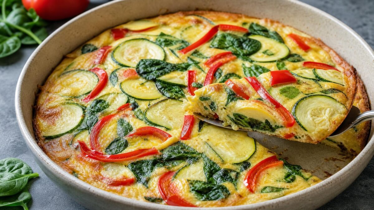 Servierszene mit dem fertigen Gericht. Rezept: Gemüse-Frittata aus dem Ofen