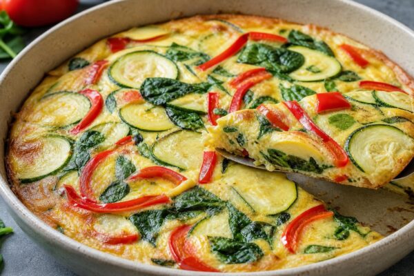 Servierszene mit dem fertigen Gericht. Rezept: Gemüse-Frittata aus dem Ofen
