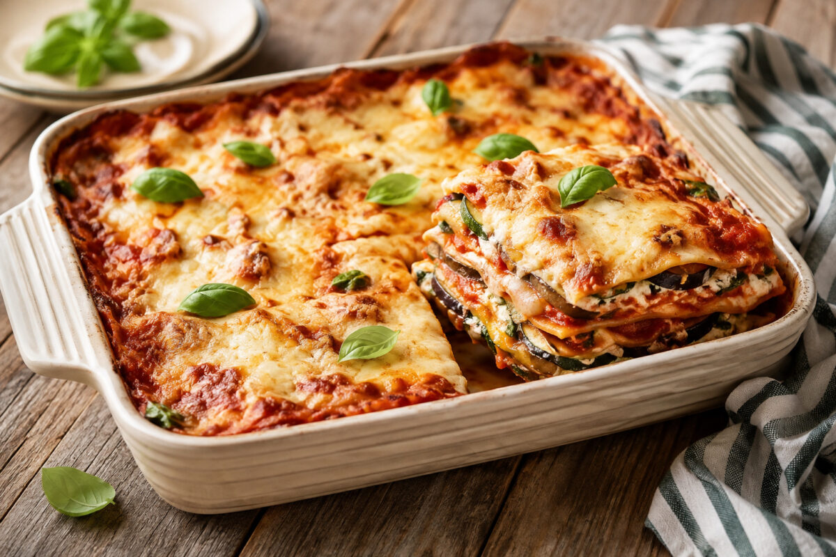 Fertige Gemüse-Lasagne in cremefarbener rechteckiger Auflaufform; ein Stück ist herausgehoben und zeigt Schichten aus Lasagneblättern, Aubergine, Zucchini, Tomatensauce, Ricotta und überbackenem Käse.