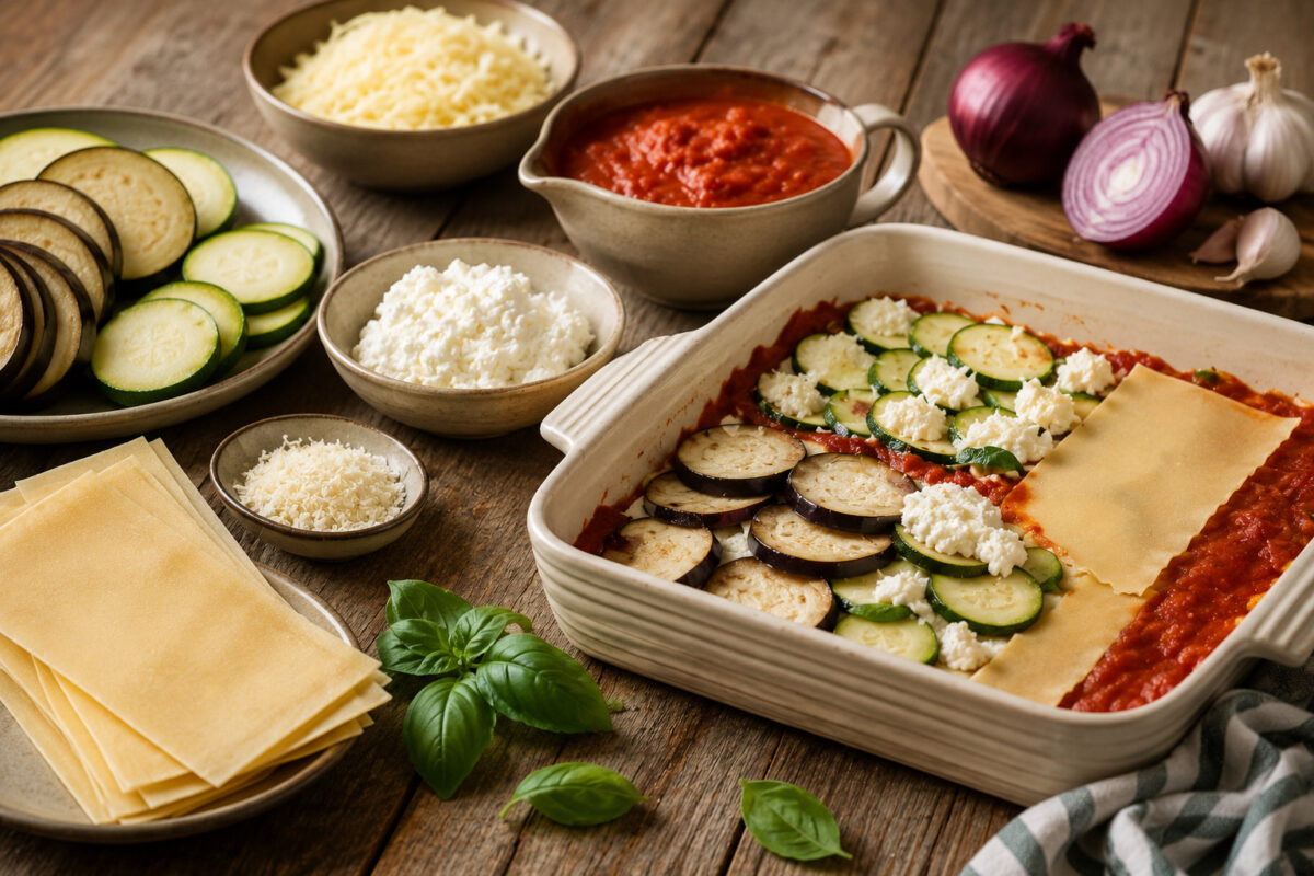 Zutaten- und Vorbereitungsansicht mit Aubergine, Zucchini, Lasagneblättern, Tomatensauce, Ricotta, Mozzarella, Parmesan, Zwiebel, Knoblauch und teilweise geschichteter Auflaufform.