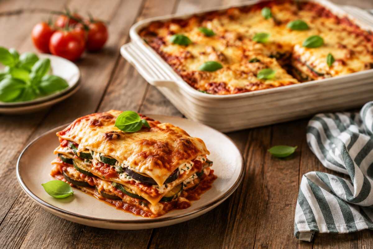 Fertige Gemüse-Lasagne als angerichtete Portion auf einem Teller; sichtbare Schichten aus Pasta, Aubergine, Zucchini, Tomatensauce und Käse, mit der restlichen Lasagne in der Auflaufform im Hintergrund.