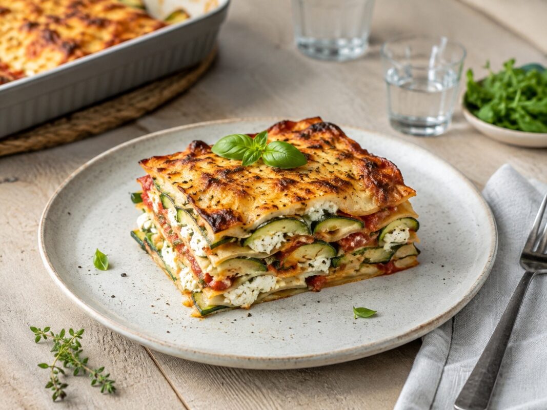 Ein hoch geschichtetes Lasagnestück mit sichtbaren Zucchinischeiben, Ricotta und goldbrauner Oberfläche.