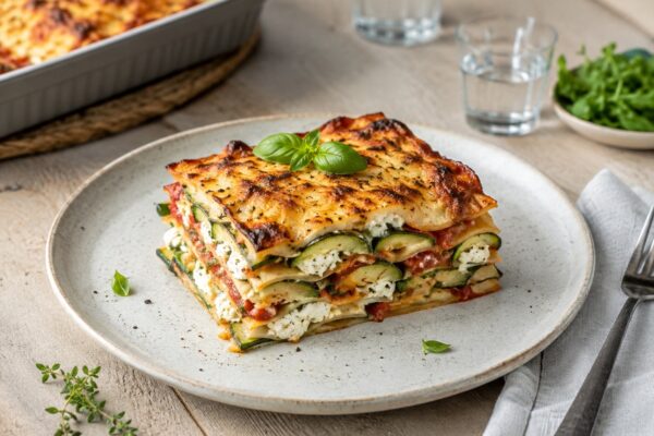 Ein hoch geschichtetes Lasagnestück mit sichtbaren Zucchinischeiben, Ricotta und goldbrauner Oberfläche.